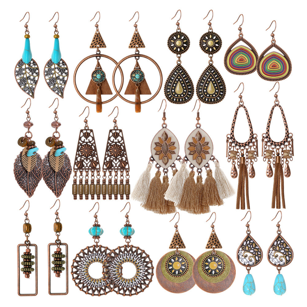 Wholesale Retro Ethnic Style Cut Out Tassel Earring Set 12 Pairs Zinc Alloy for Everyday Wear
