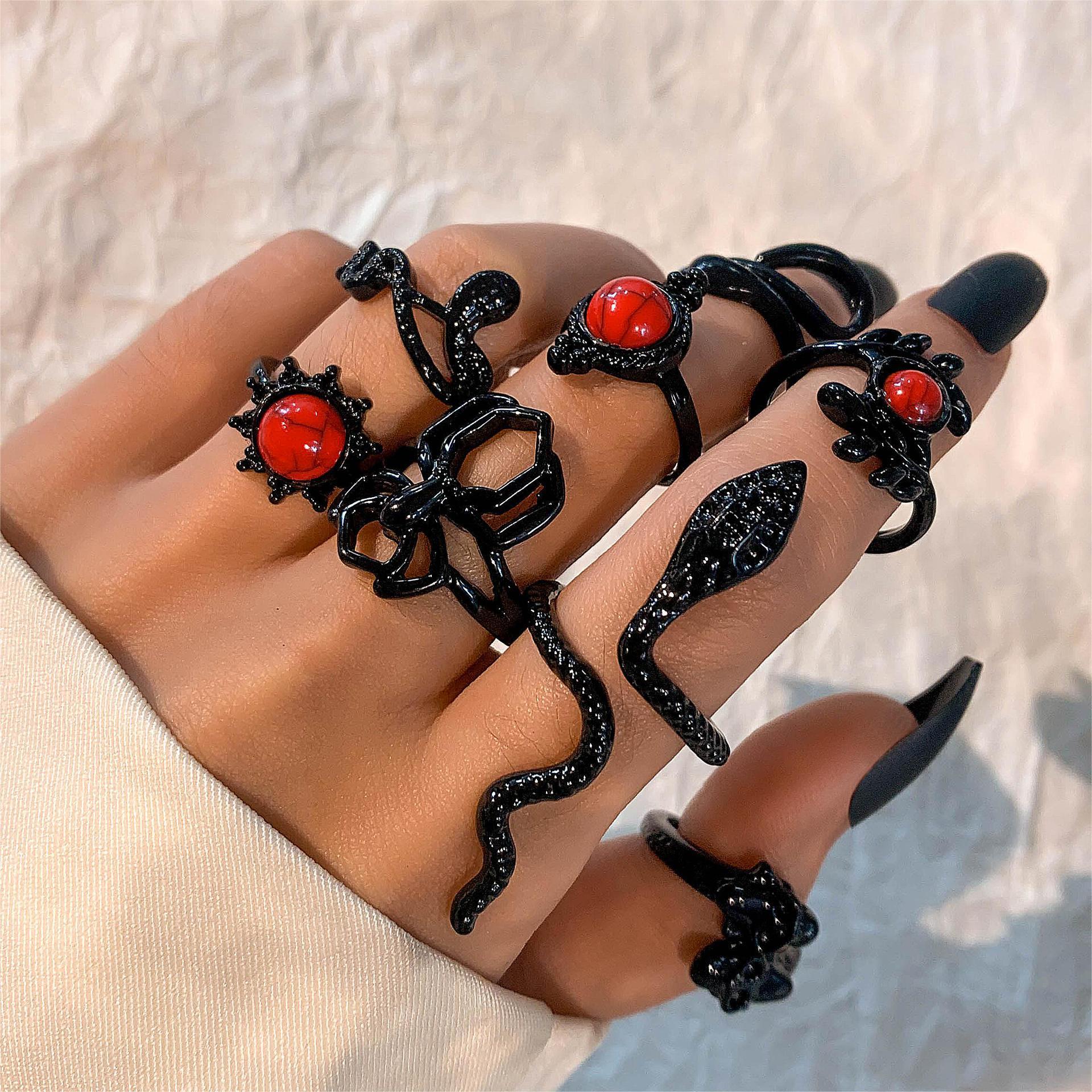 Wholesale Fashion Ring Set Spiral Stacking Black Gemstone Design Alloy Jewelry Accessory for Everyday Wear