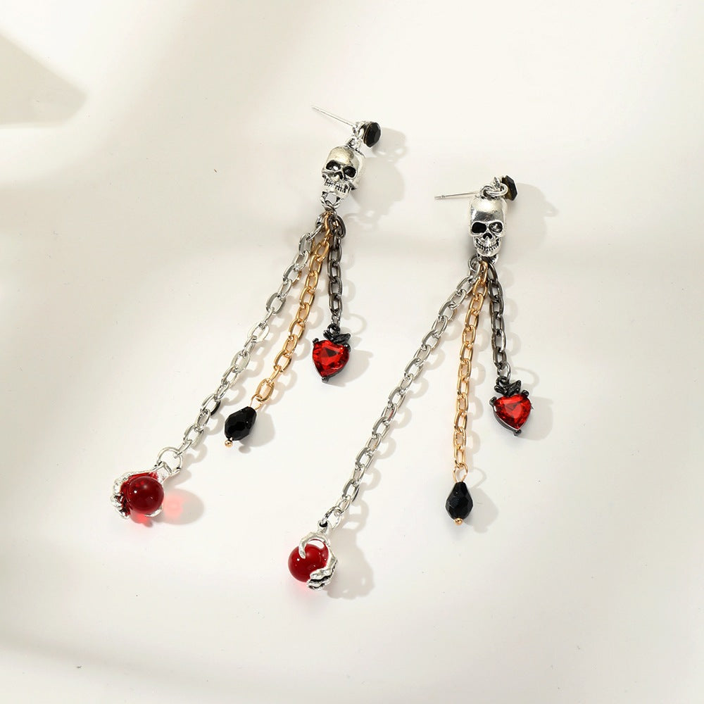 Wholesale Stylish Ancient Silver Zinc Alloy Skull Earrings with Red Heart Gem Tassel Fashion Accessory