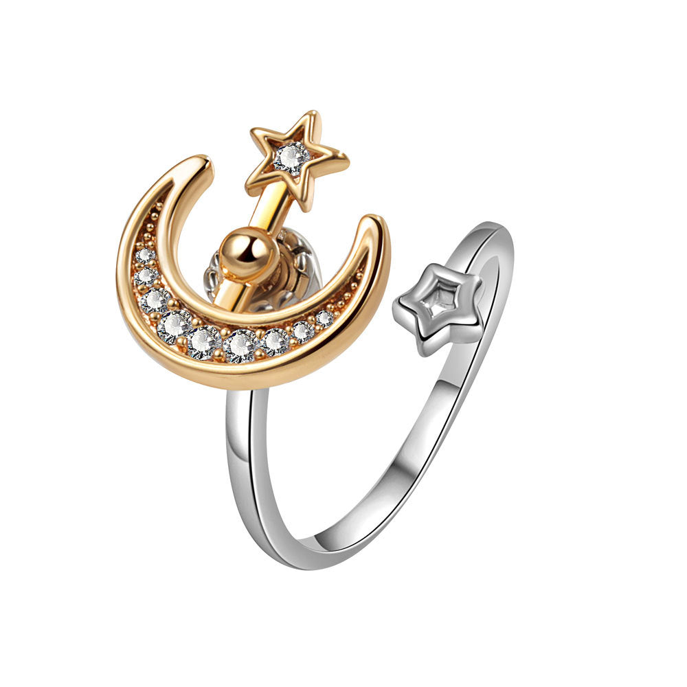 Wholesale Gold Plated Copper Adjustable Star Moon Ring Fashion Jewelry Gift