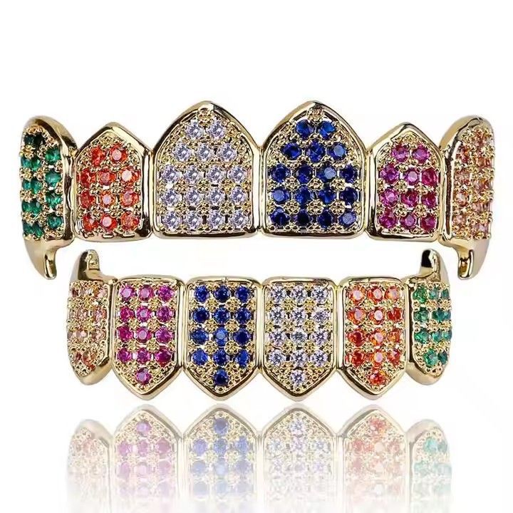 Wholesale Modern Hip-Hop Tooth Grills Gold Plated Alloy Colorful Zirconia Fashion Accessory for Resale