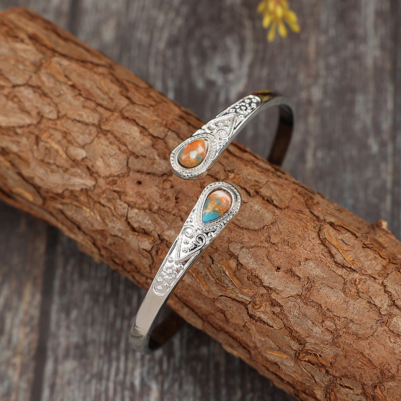 Wholesale Retro Carved Gemstone Alloy Bracelet - Adjustable Boutique Resale