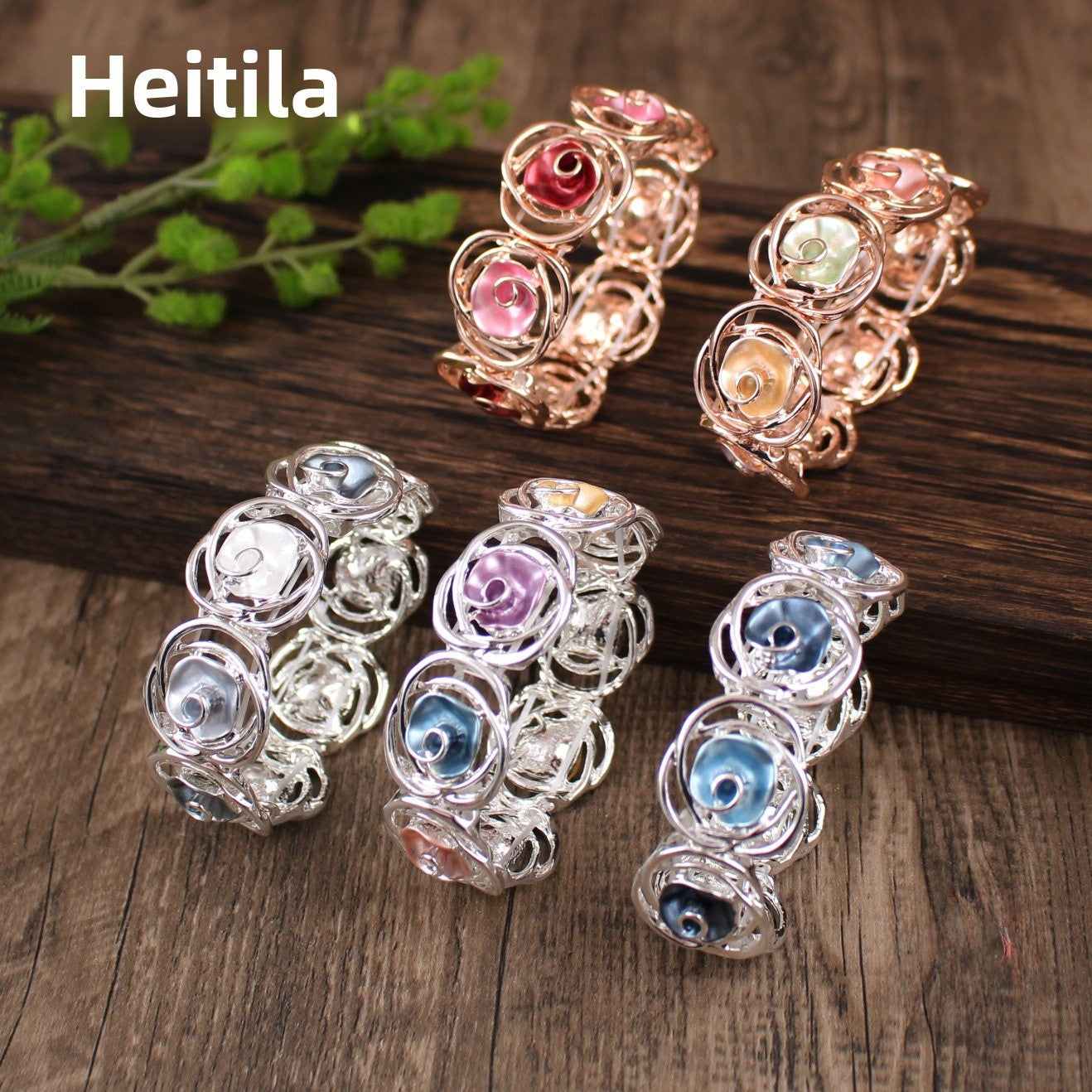 Wholesale Rose Alloy Bracelet Elastic Band  Colorful Hollow Out Rose Flower Bracelet
