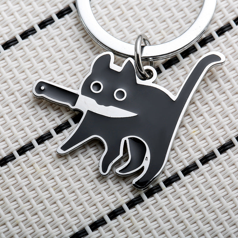 Wholesale Cartoon Kitten Holding Knife Keychain Pendant Stainless Steel Fashion Gift