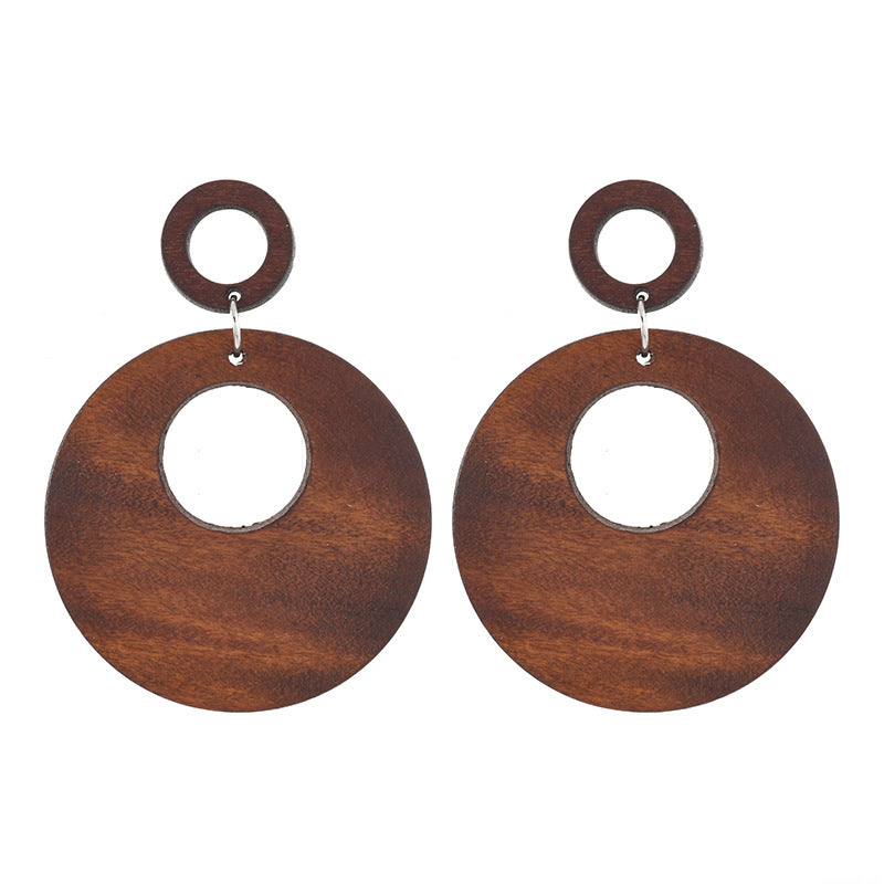 Wholesale Retro Coffee Wooden Earrings Ethnic Style Round Hand Knitted Jewelry Accessory