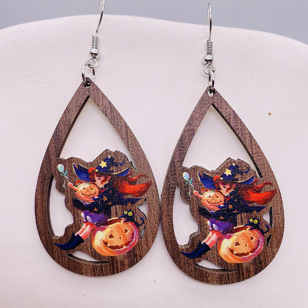 Wholesale Ghost Wooden Earrings Pumpkin Spider Skull Bat Water Drop Wooden Earrings