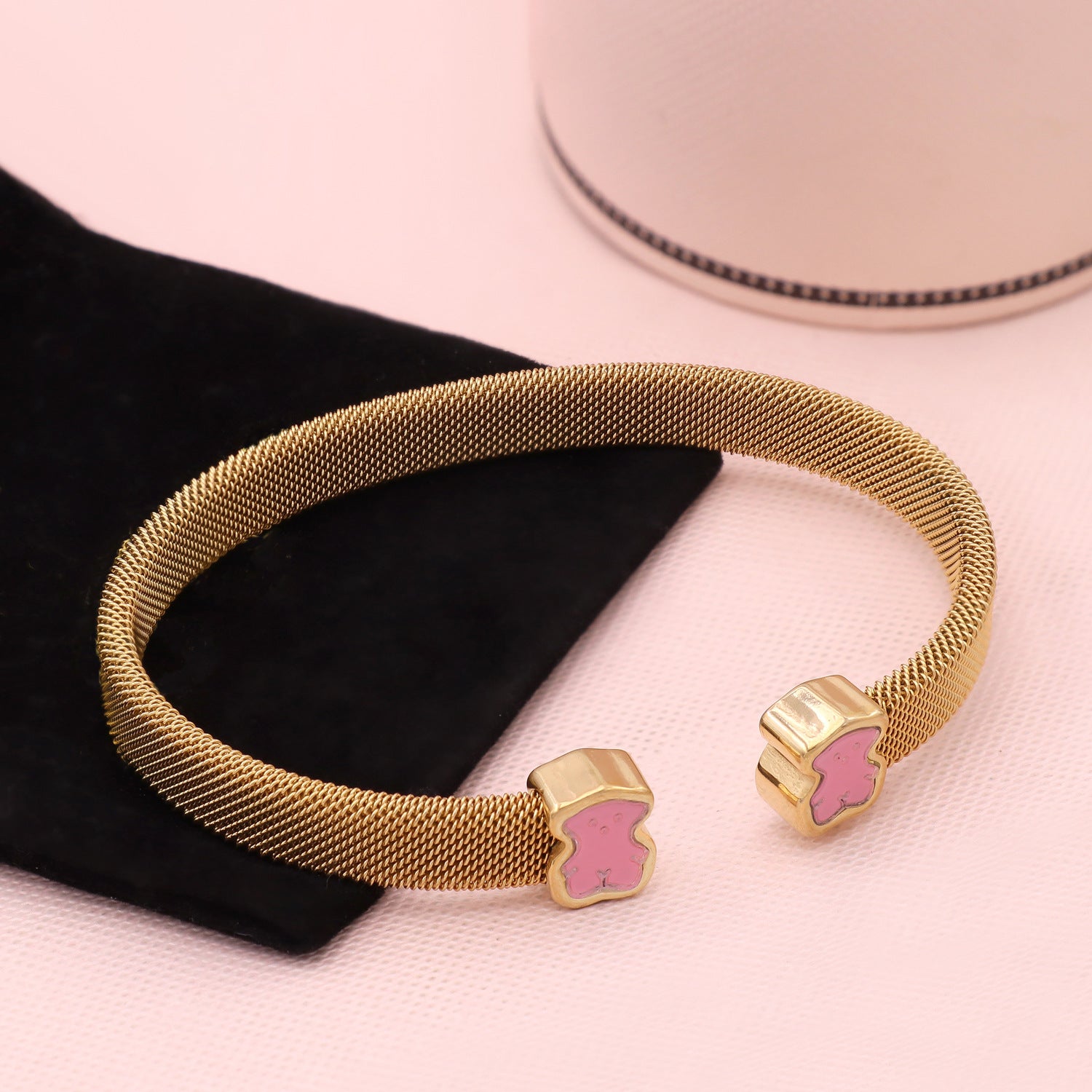 Wholesale Bear Open C-Shape Bracelet with Woven Mesh Strap,  Stainless Steel Boutique Resale Jewelry for Women