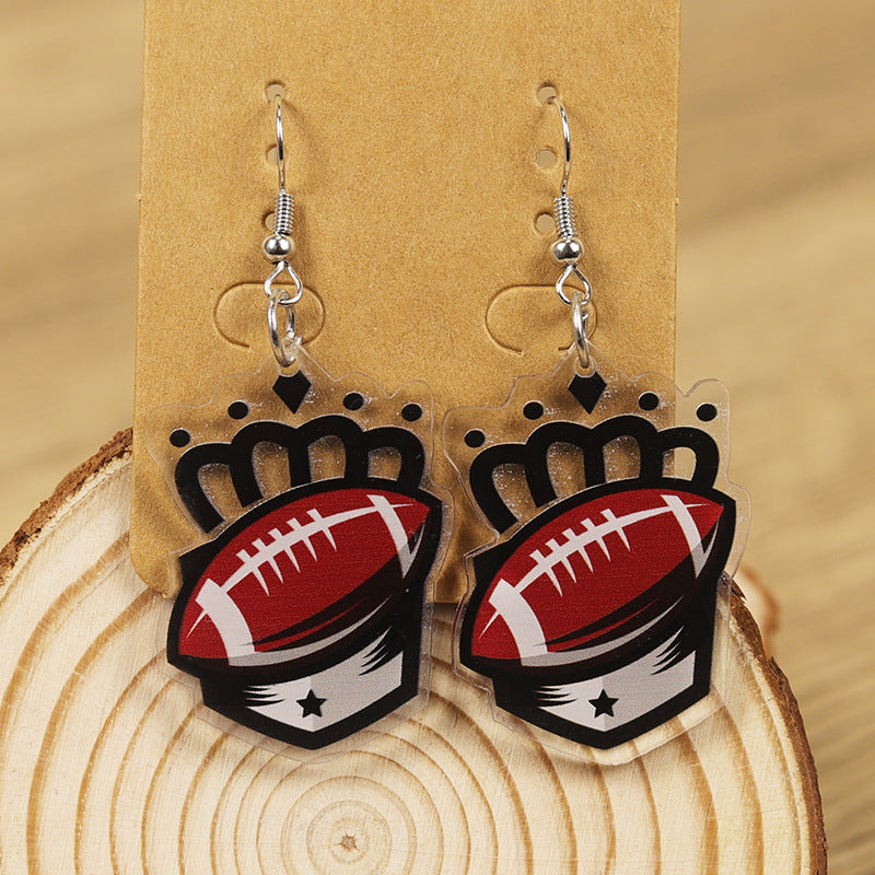 Wholesale Sports Style Ball Cute Cartoon Crown Rugby Football Ladies Acrylic Earrings
