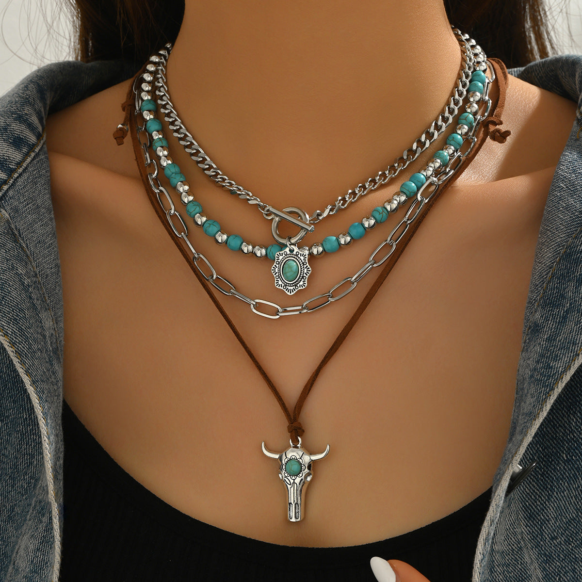 Wholesale Electroplated Alloy Cowboy Necklace Set Vintage Bull Head Turquoise Jewelry Accessory