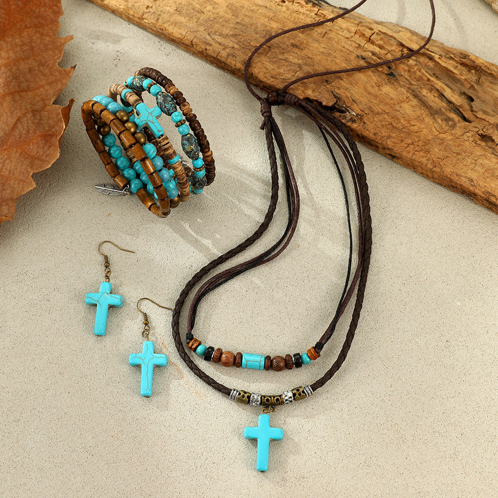 Wholesale Handmade Vintage Stacked Turquoise Cross Necklace and Bracelet Set