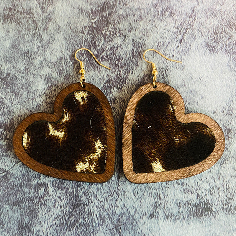 Wholesale  Leather  Love Leopard Horse Hair Inlaid Wooden Earrings