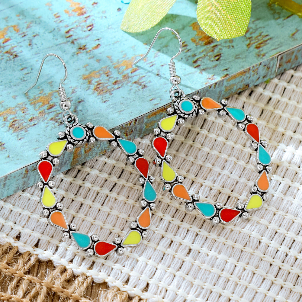 Wholesale Alloy Retro Ethnic Turquoise Bohemian Geometric Oil Drip Earrings Jewelry Accessory