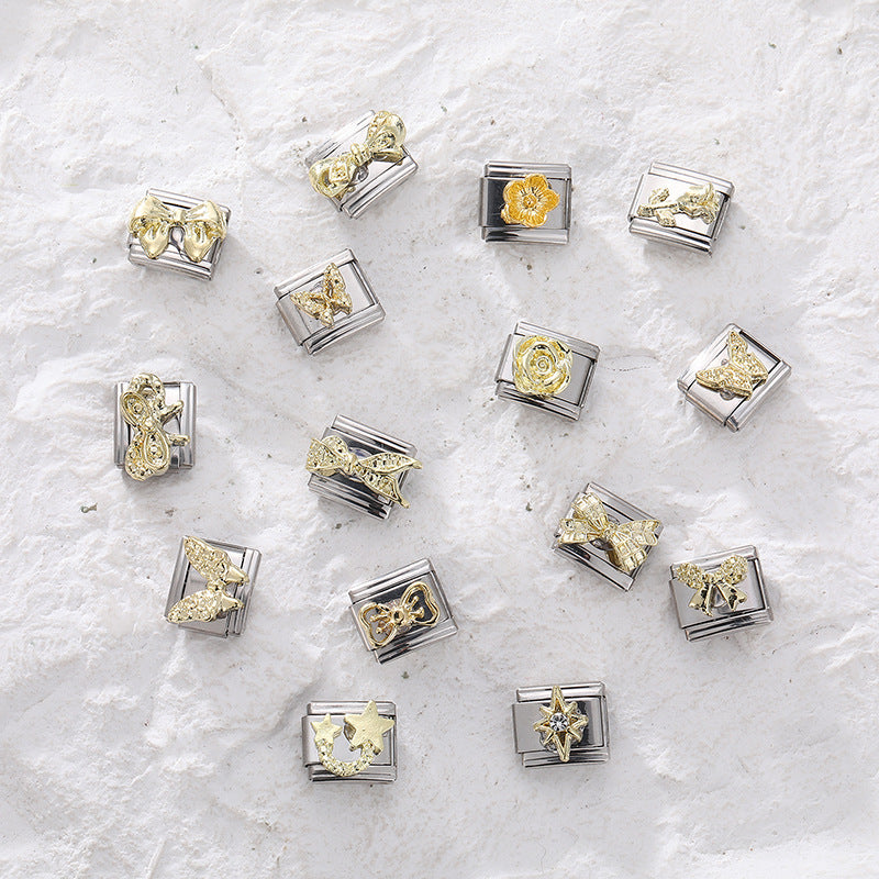 Wholesale Italian Charm Bracelet 9mm DIY Splicing Gold Butterfly Bow Stainless Steel Composable Bracelet