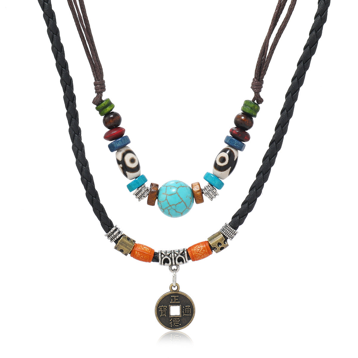 Wholesale Vintage Retro Multi Layer Turquoise Bead Woven Leather Necklace With Alloy Coin Pendant For Men Handmade Fashion Accessory