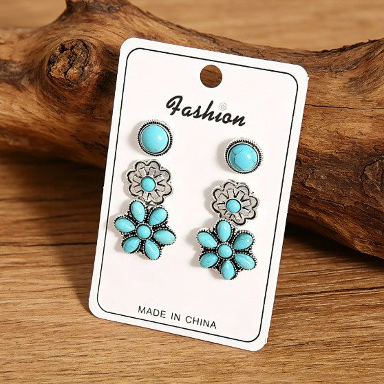Wholesale Bohemian Turquoise Round Flower Earring Stud Set Alloy Fashion Accessory