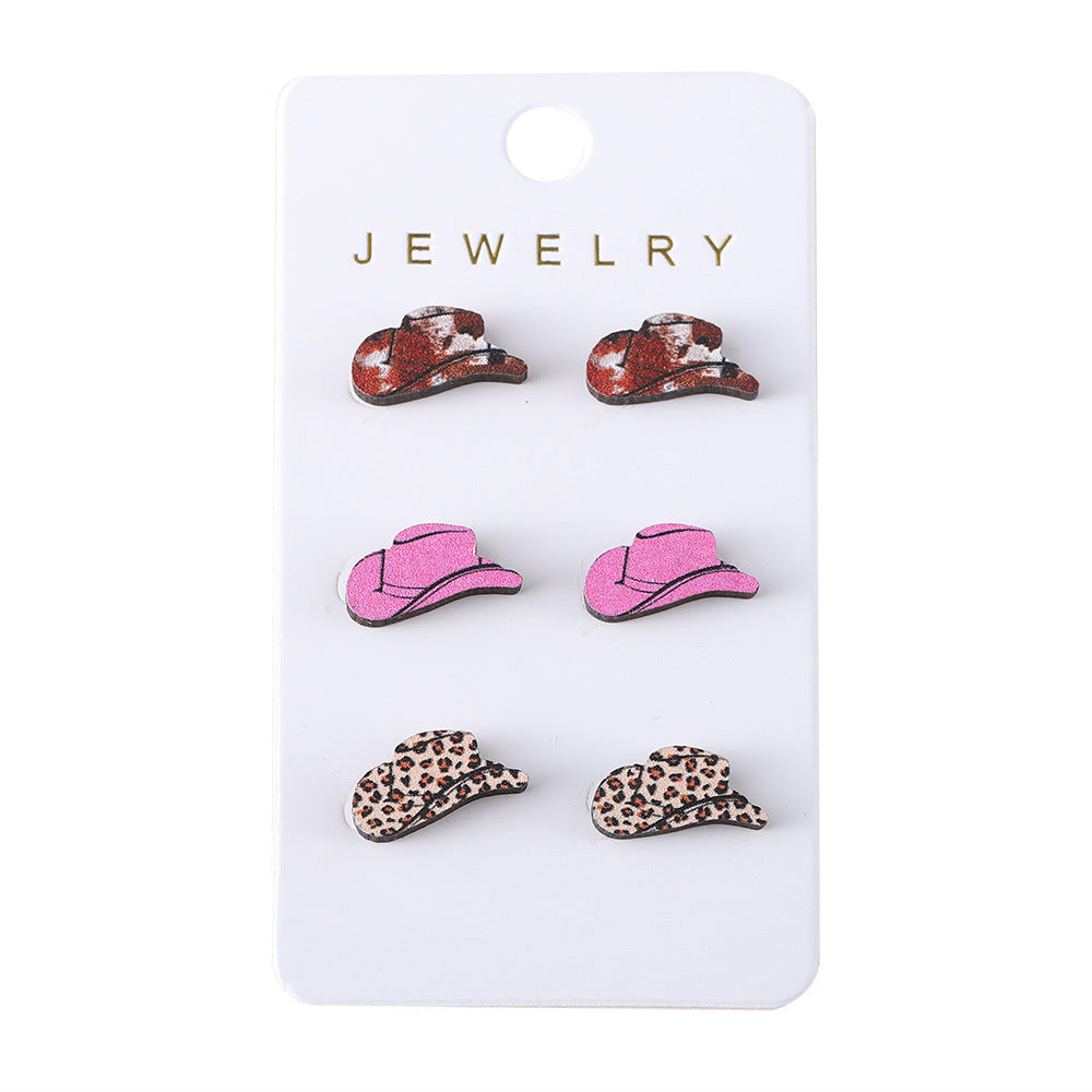 Wholesale Western style leopard print cow print turquoise pattern cowboy hat earrings set