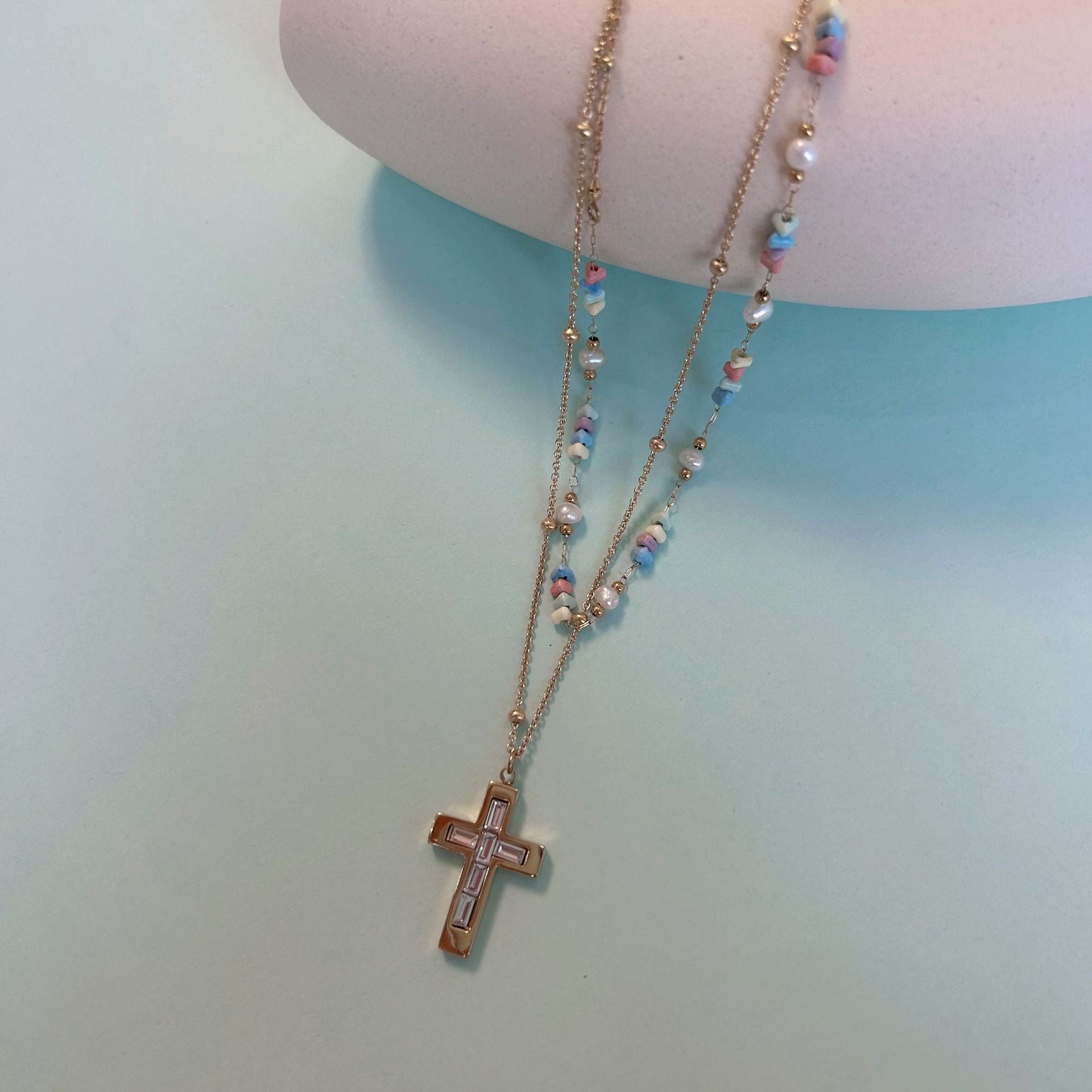 Wholesale  Color Natural Stone Beaded Necklace Cross Stainless Steel Necklace