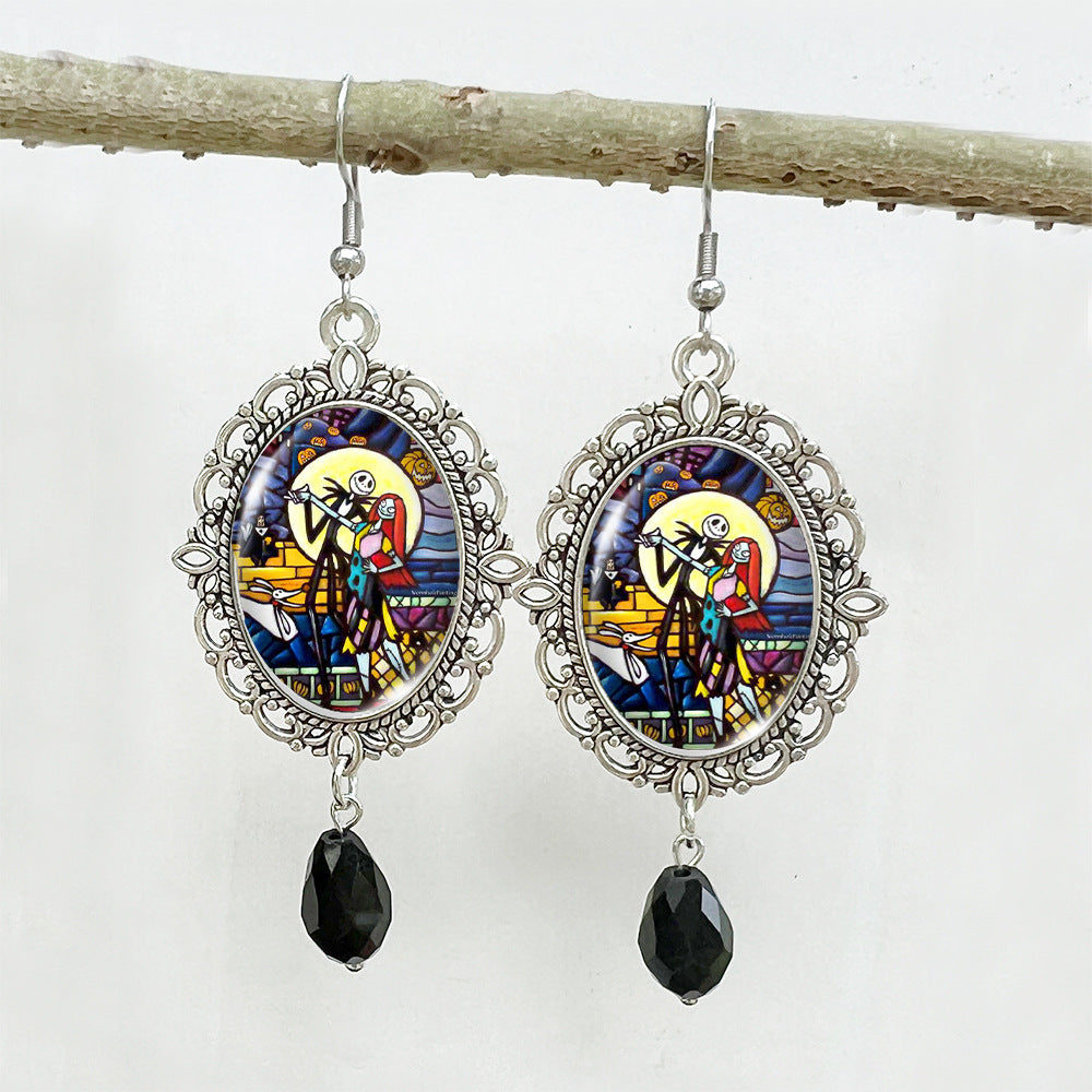 Wholesale Halloween Stainless Steel Ear Hook Oval Lace Metal Earrings ACCVIP-ES-XiangLian004