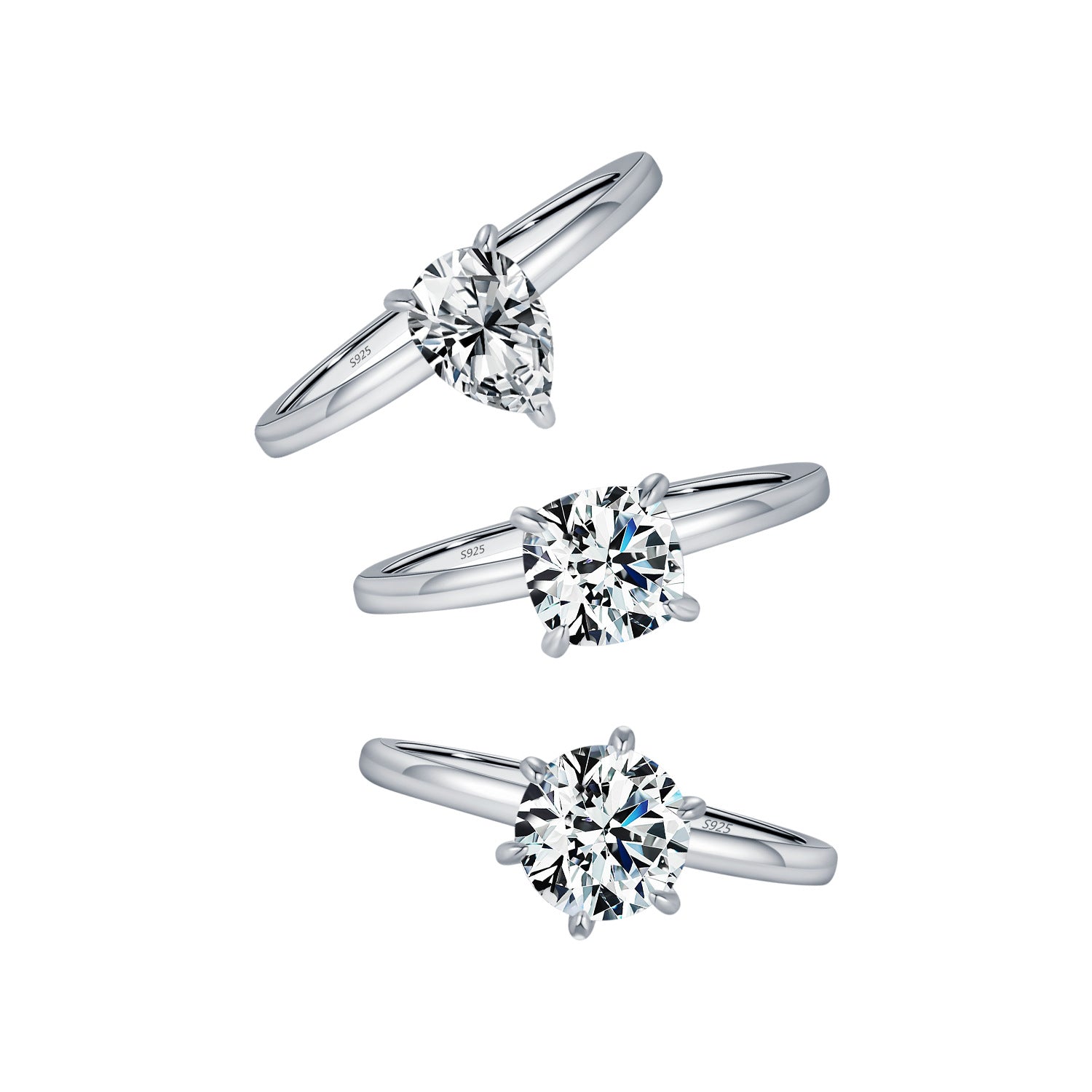 Wholesale 1 karat  Diamond S925 Sterling Silver Basic Geometric Water Drop Round Ring