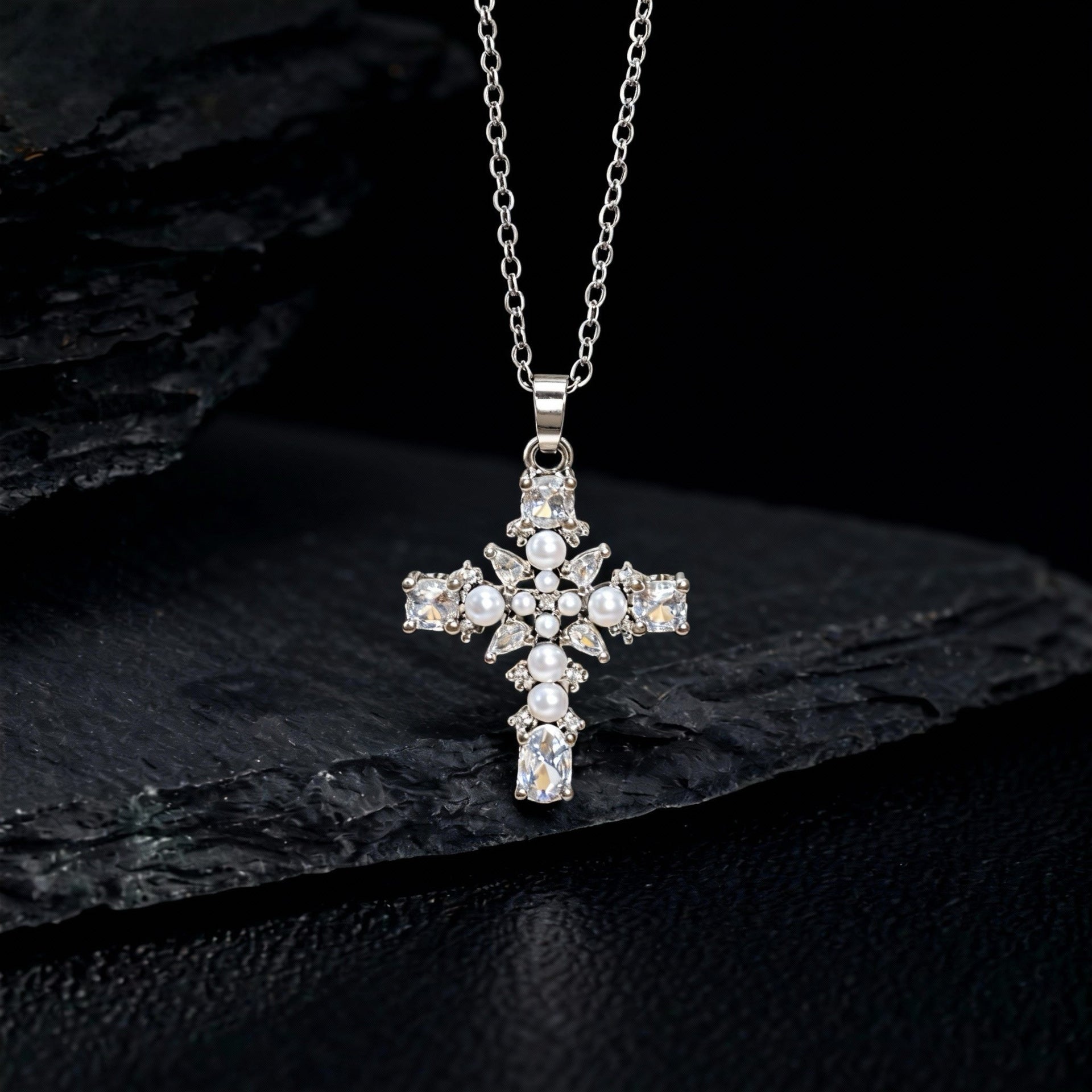 Wholesale Copper Cross Pendant Necklace With Micro Set Zircon And Pearl Chic Fashion Jewelry Accessory Gift For Women Boutique Resale