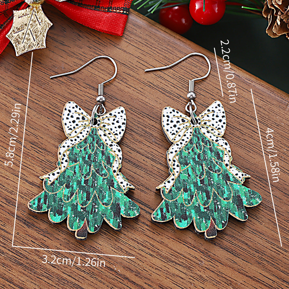 Wholesale Christmas cow pattern bow Christmas tree pendant earrings wooden