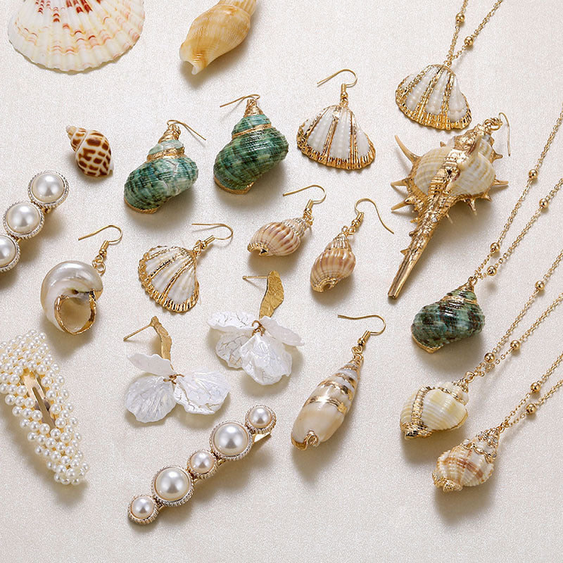 Wholesale Bohemian Natural Shell Earrings Gold Plated Conch Pendant Necklace Beach Fashion Jewelry Accessory