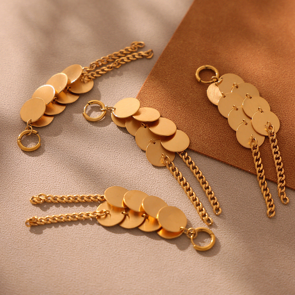 Wholesale Stainless Steel Texture Disc Chain Tassel Earrings