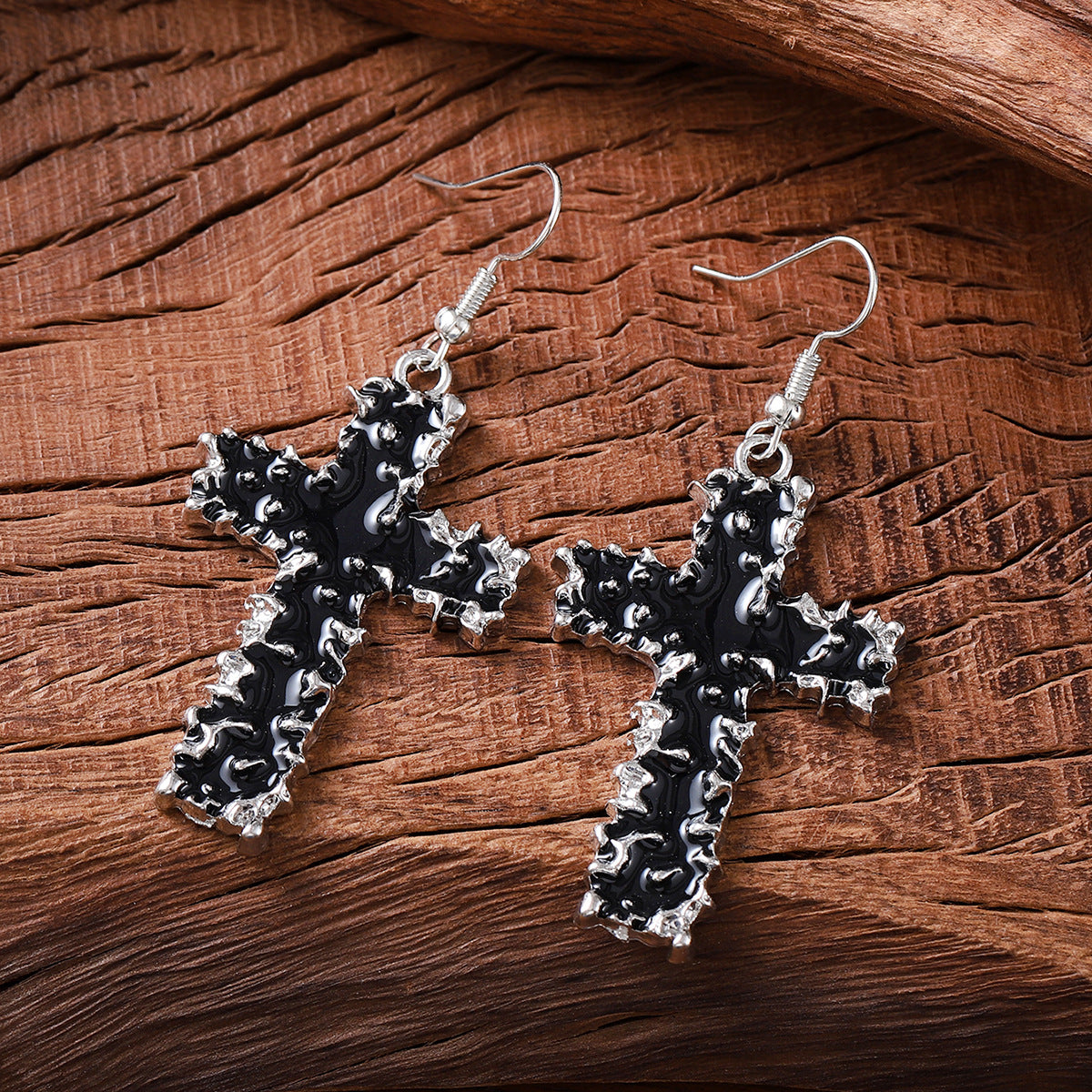 Wholesale Street-Style Cross Necklace and Earring Set,  Black Lava Finish,  Zinc Alloy,  for Women,  Trendy Fashion Accessory