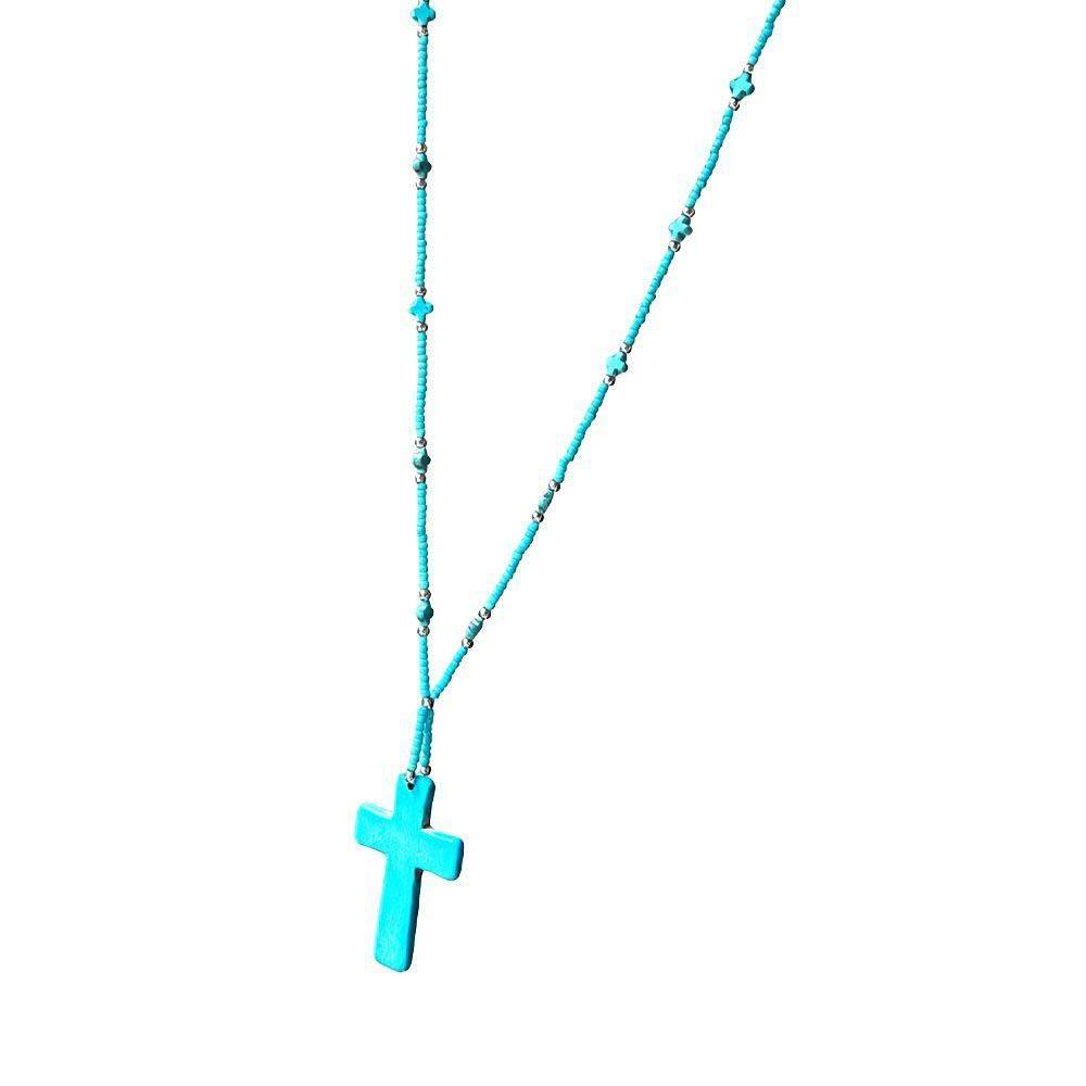 Wholesale Vintage Bohemian Imitation Turquoise Cross Beaded Long Necklace Chic Layering Jewelry Accessory For Women