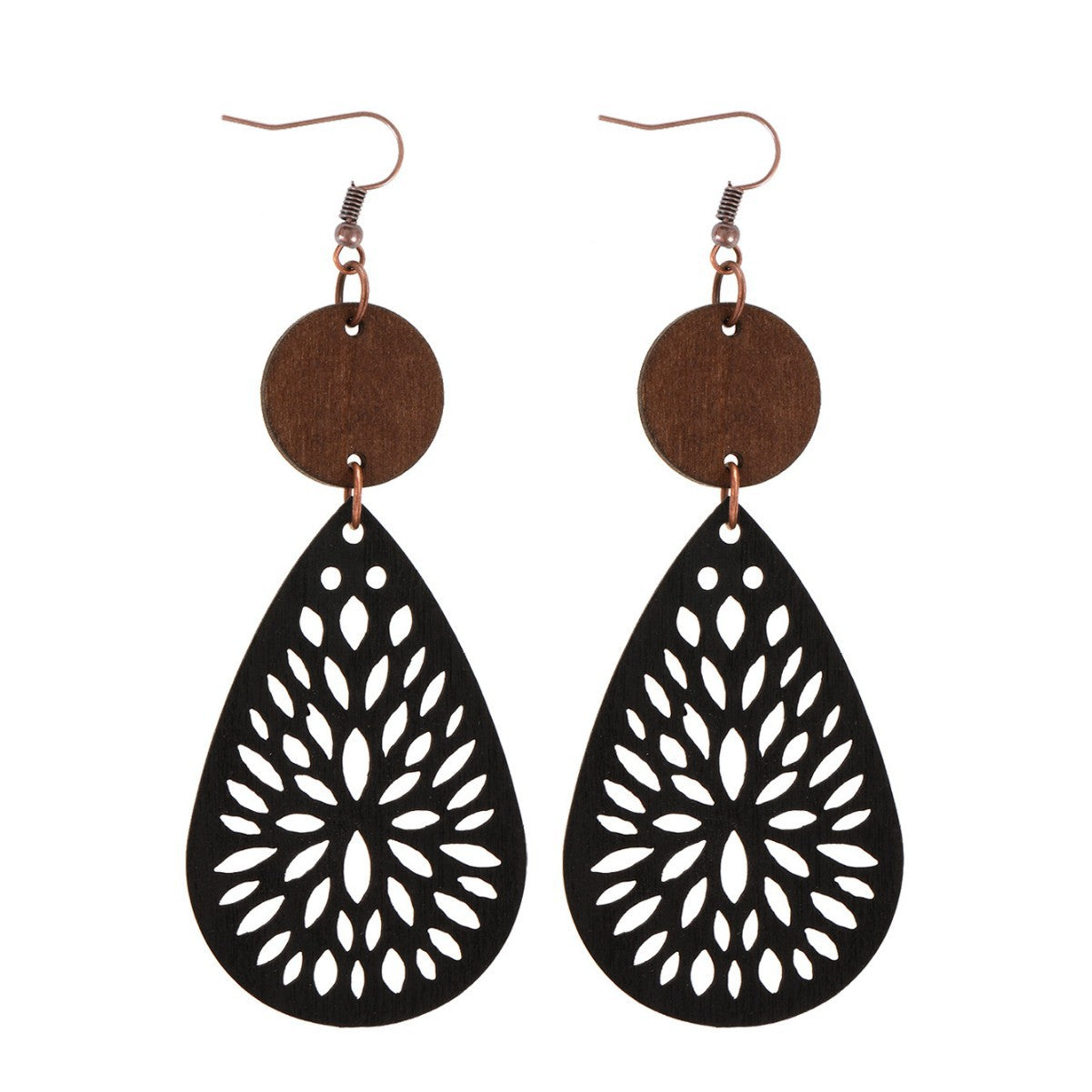 Wholesale Bohemian Style Vacation Vintage Hollow Water Drop Wooden Round Pieces Leather Earrings