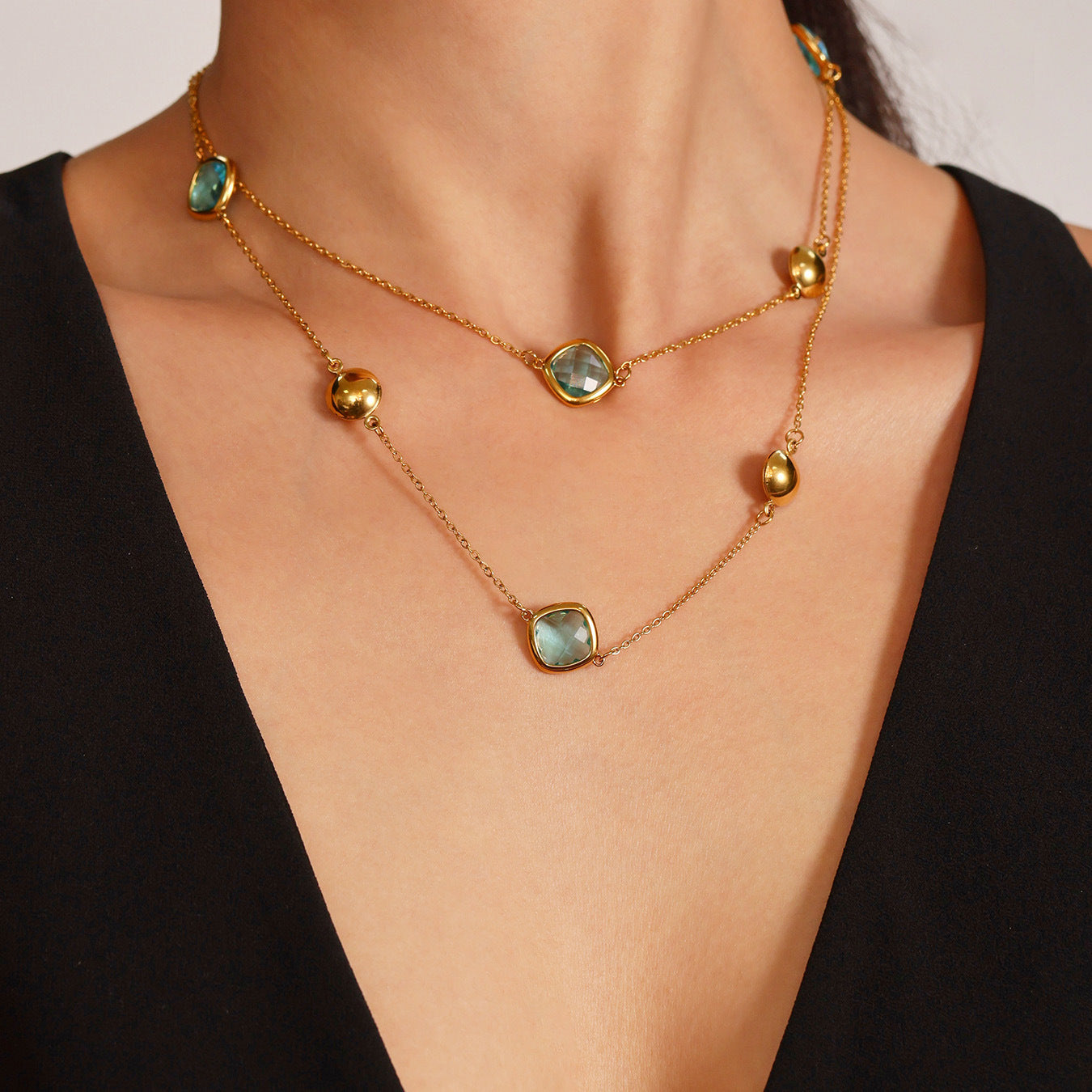 Wholesale Stainless steel Glass Stone Plated 18K Gold Long Necklace