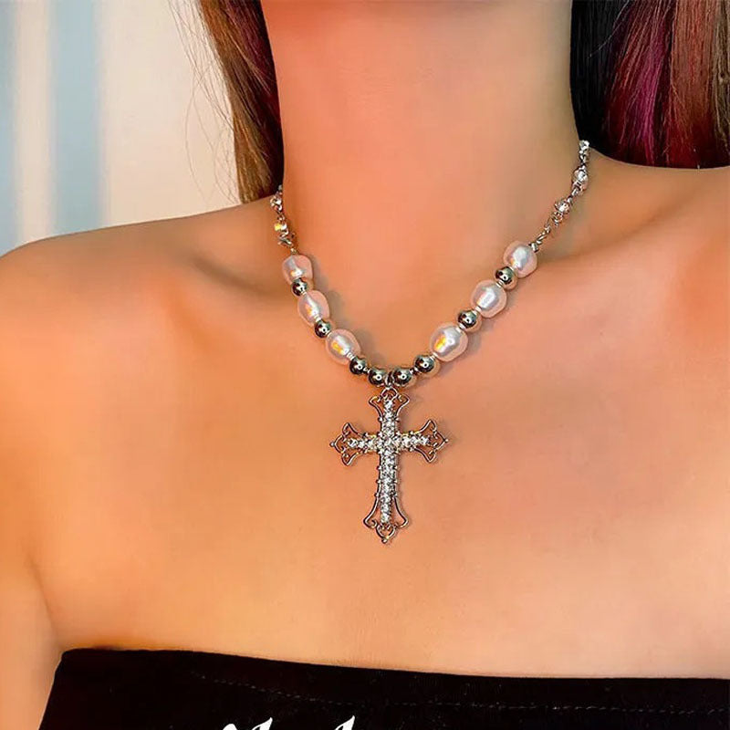 Wholesale  Stainless Steel Diamond-encrusted Pearl Cross Necklace
