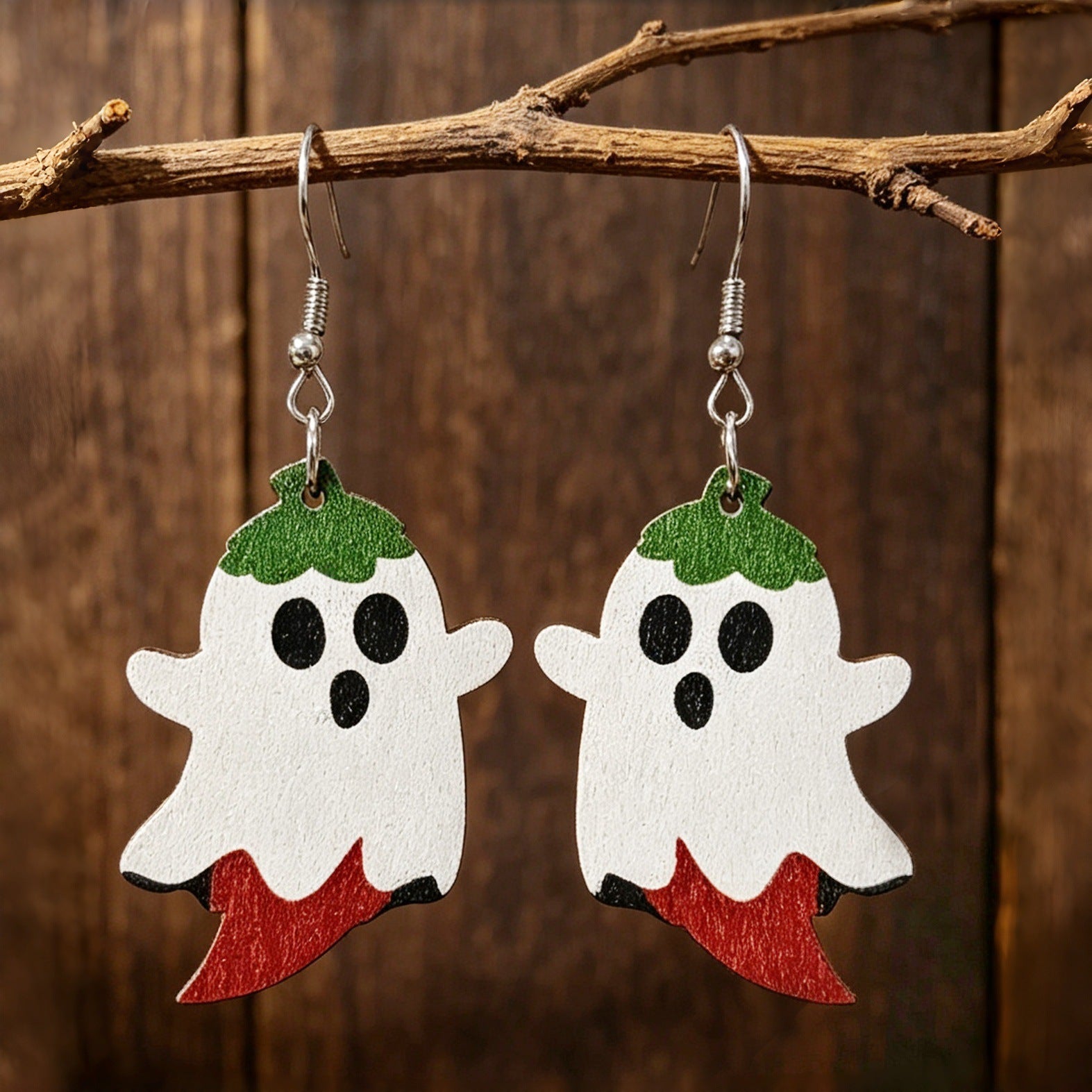 Wholesale Wooden Cartoon Chili Pepper Ghost Earrings  Party Fashion Accessory
