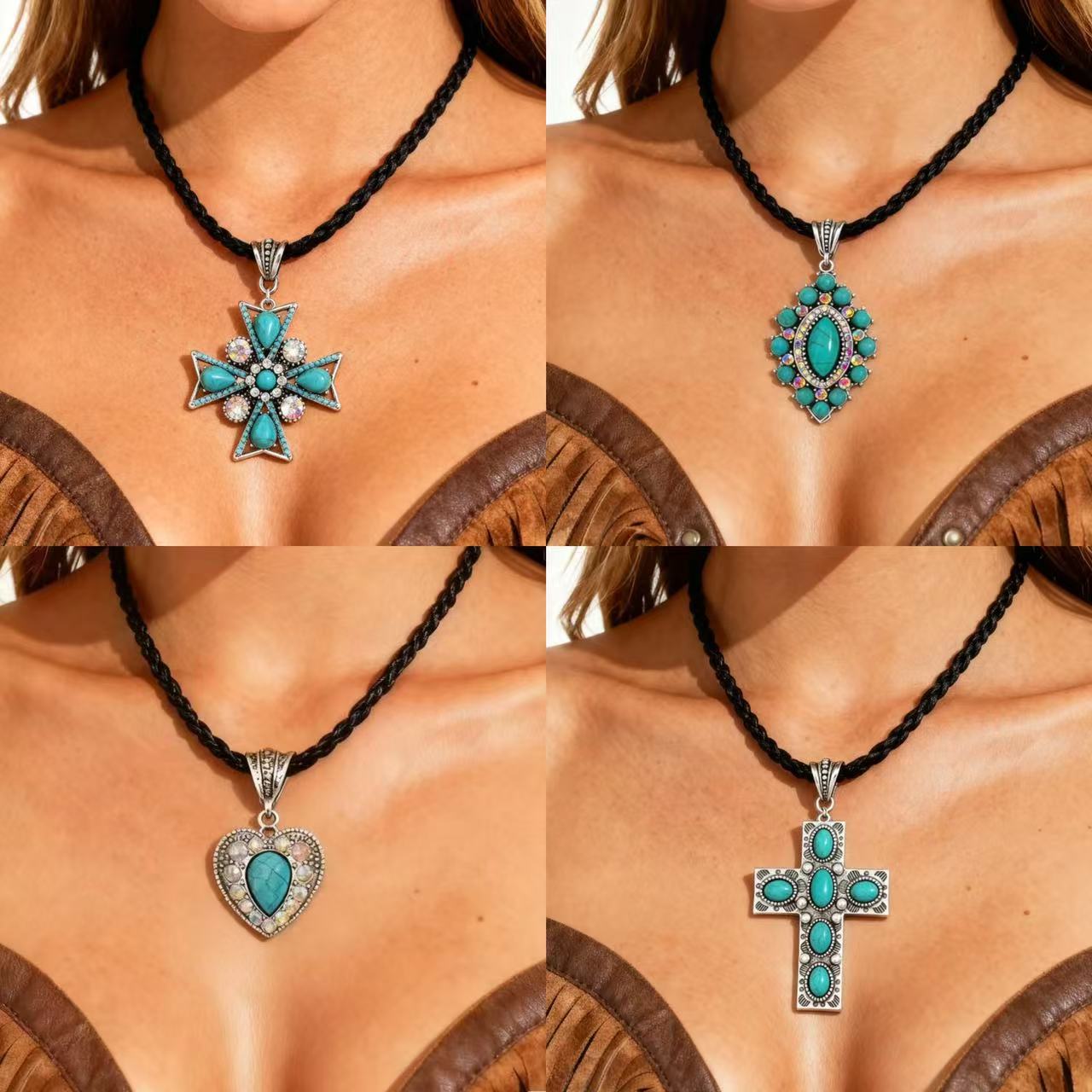 Wholesale Rhinestone Cross Pendant Necklace with Leather Rope,  Boho Style Fashion Accessory for Women