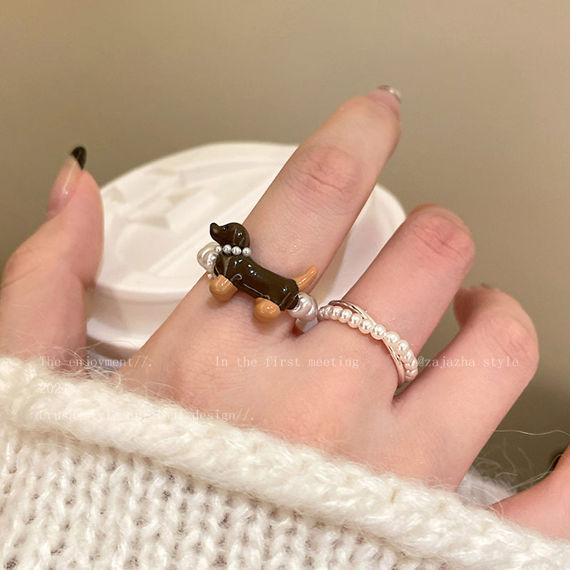 Wholesale Cute Dachshund Pearl Ring  Light Luxury Finger Ring