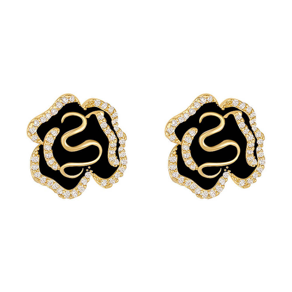 Wholesale Zircon Camellia Ear Clip Gold Light Luxury Flower Earrings