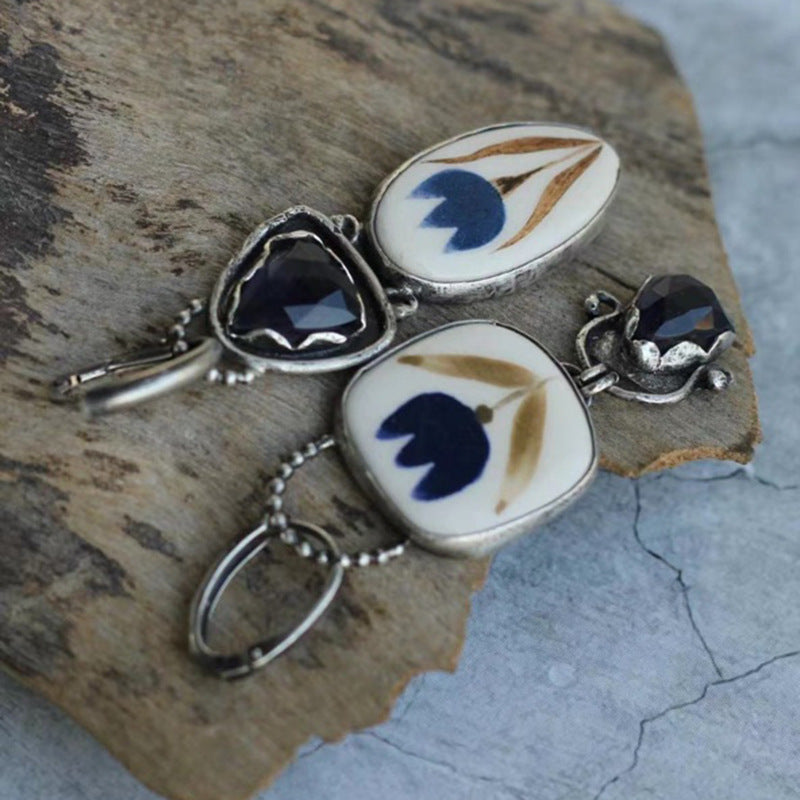 Wholesale  Geometric Enamel Diamond Earrings Creative Tibetan Blue Rhinestone Leaves Flower Pattern Earrings