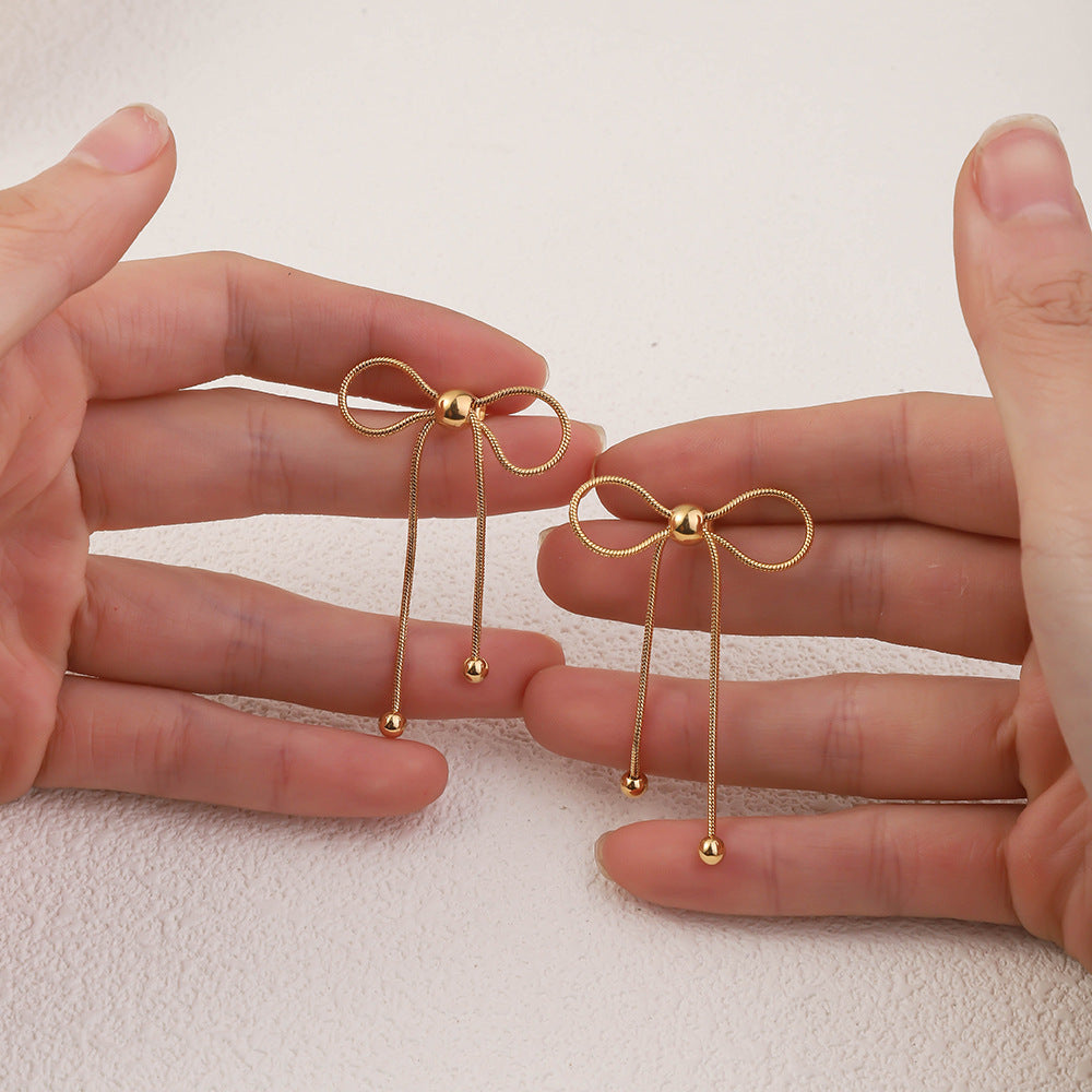 Wholesale Bow Tassel Earrings Stainless Steel Snake Bone Chain Braided Bow Earrings