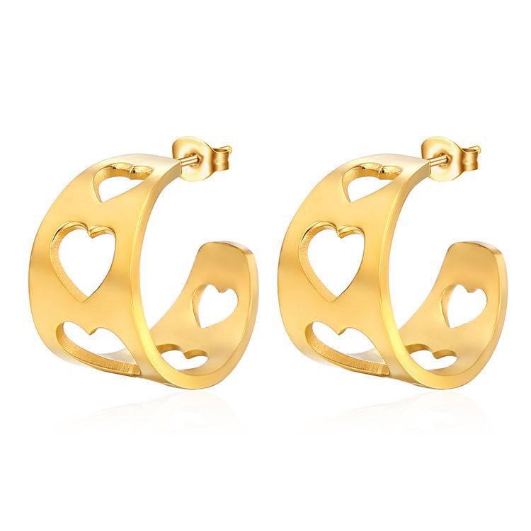 Wholesale  hollow heart C- shaped wide surface stainless steel earrings