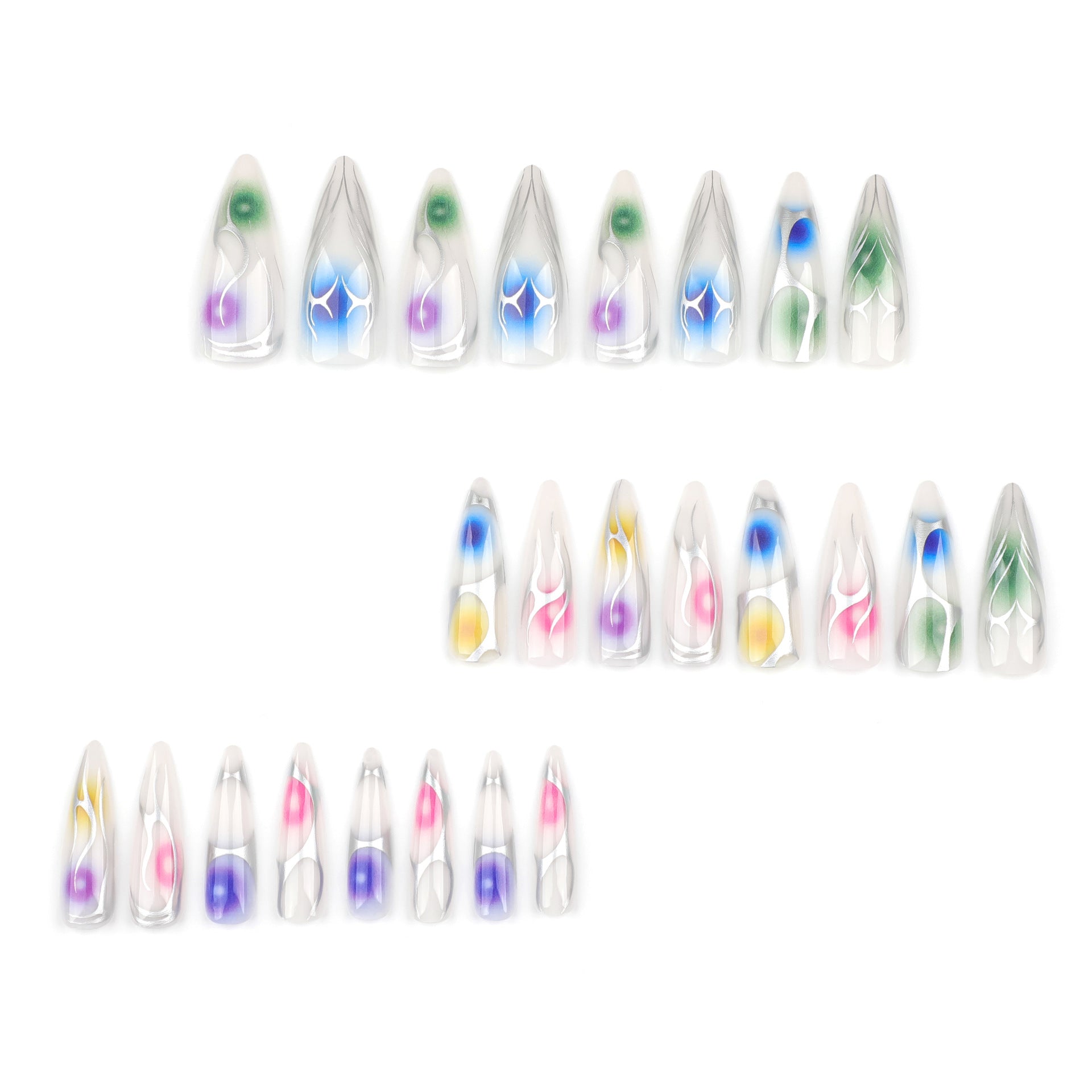 Wholesale 24 Pieces/box Colorful Smudge Silver Flame Press-on Nails Kits Nail Stickers ACC-NS-LeFan071