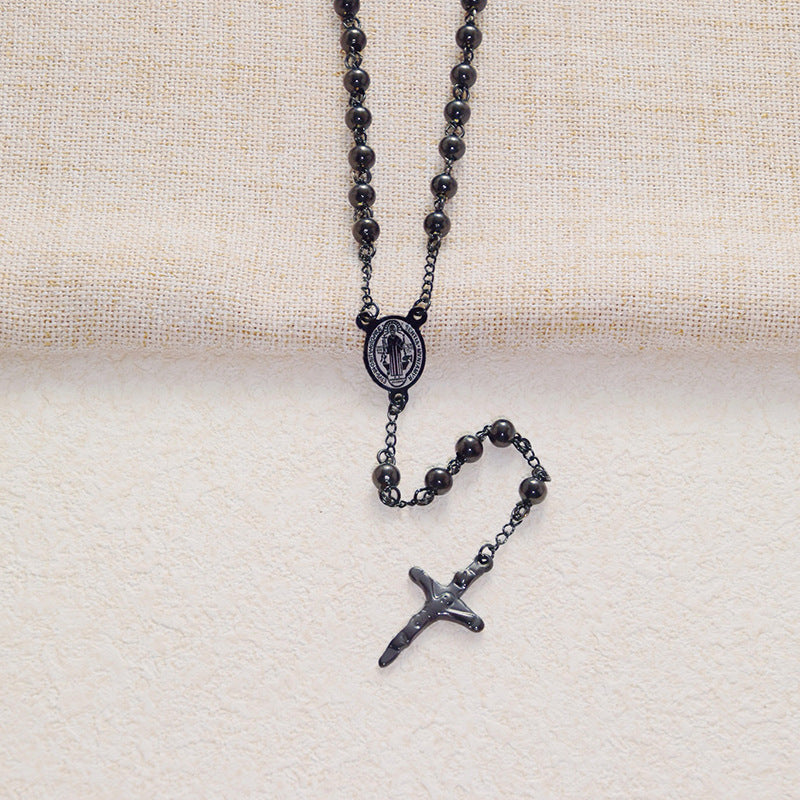 Wholesale  Round Bead Chain Stainless Steel Priest Cross Necklace Jewelry