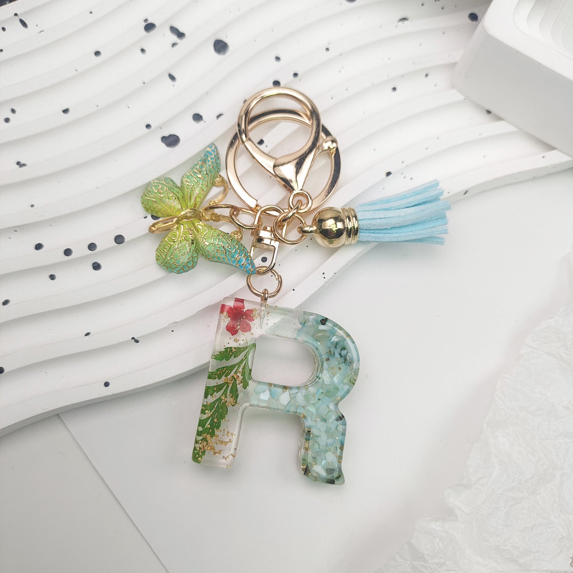 Wholesale Green English Letter Dried Flower Keychains Butterfly Tassel Keychain ACC-KC-Jiay002