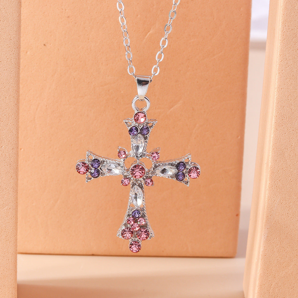 Wholesale  Versatile Sweet Heart Clavicle Chain  Rhinestone Cross Necklace
