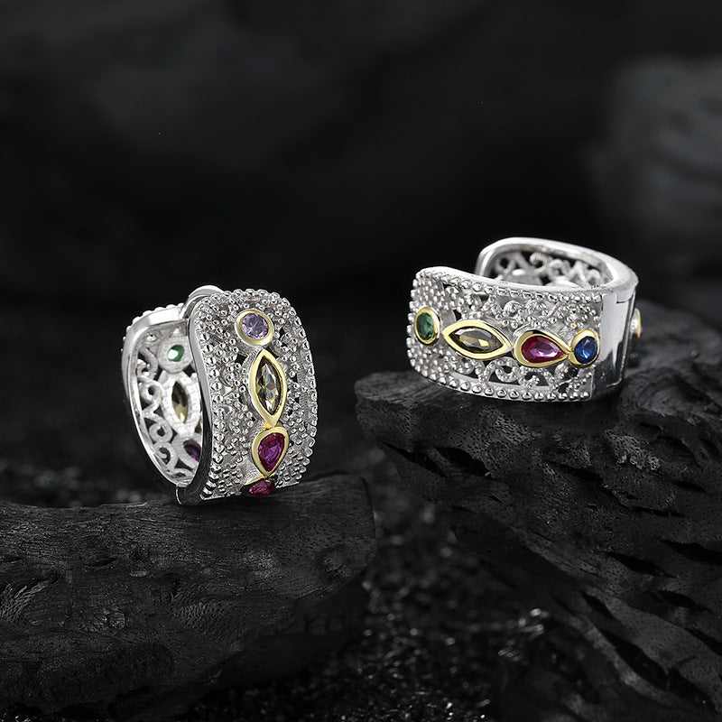 Wholesale S925 Sterling Silver Retro Court Style Lace Colorful Zirconium Open Ring Bracelet Earrings
