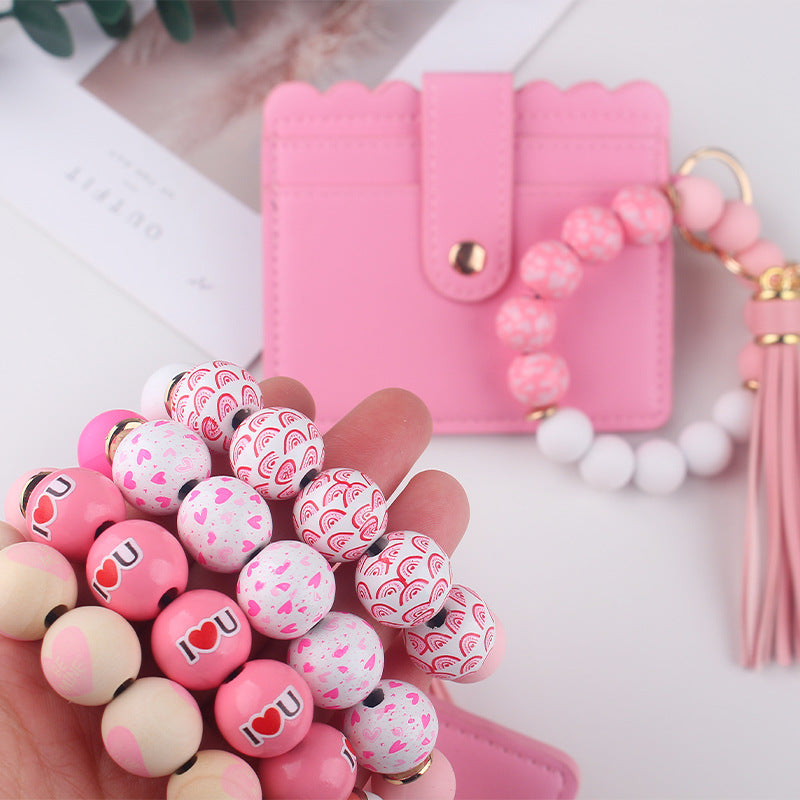 Wholesale  Cartoon Valentine's Day Printed Wooden Beads Pink Card Holder Bracelet PU Leather Tassel Wallet Keychain