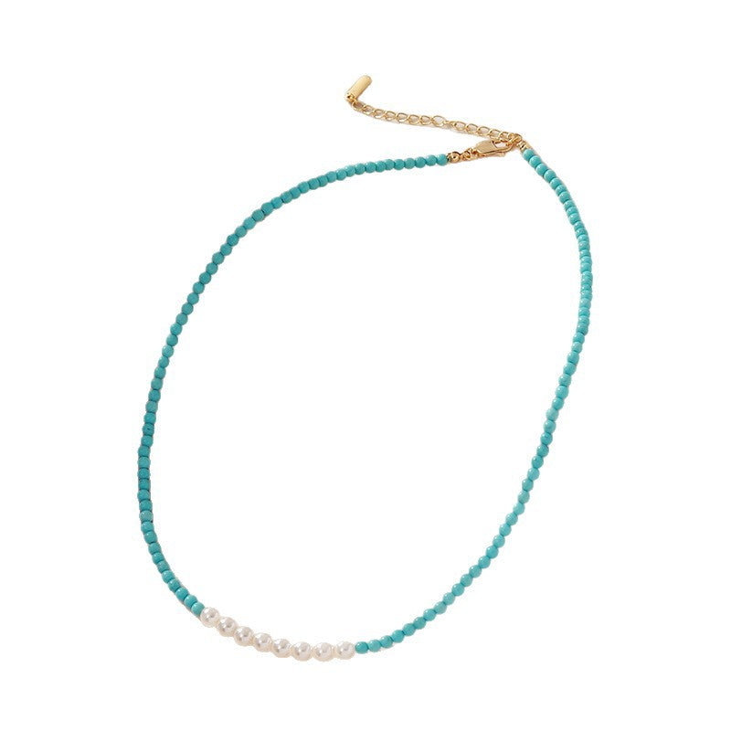 Wholesale Cross-Border European and American Natural Turquoise Necklace for Women,  Light Luxury Niche Style,  Pearl Embellished Collarbone Chain,  Versatile and Fashionable