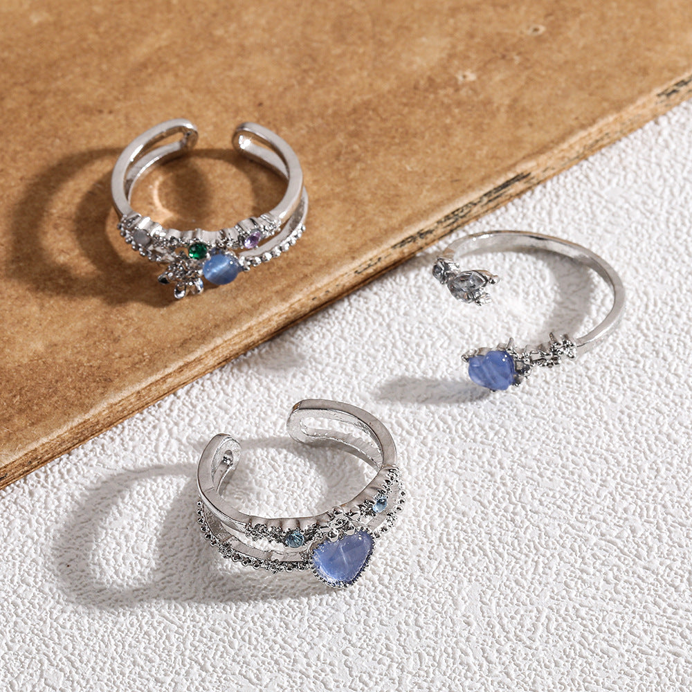Wholesale Love Moonlight Sea Blue Zircon Open Ring