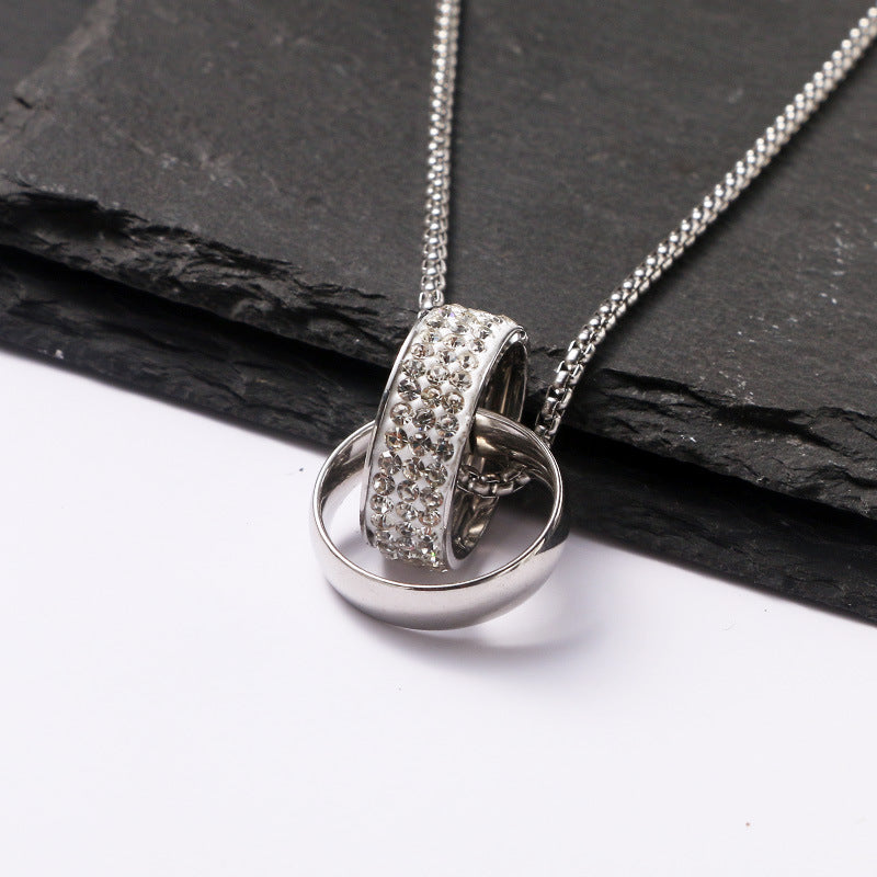 Wholesale Fashion Stainless Steel Double Ring Full Diamond Necklace