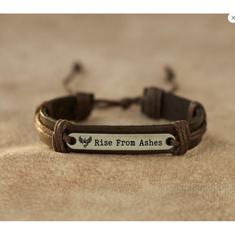 Wholesale Leather Steel Plate Bracelet,  Black Woven Steel Plate with Engraved Text,  Stainless Steel Tongue Clasp Leather Bracelet,  Three-Layer Leather Steel Plate Bracelet