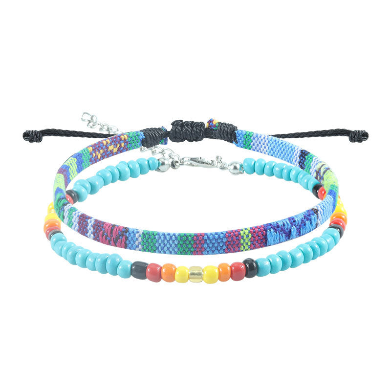 Wholesale  Bohemian style rice bead woven anklet colorful fabric foot decoration